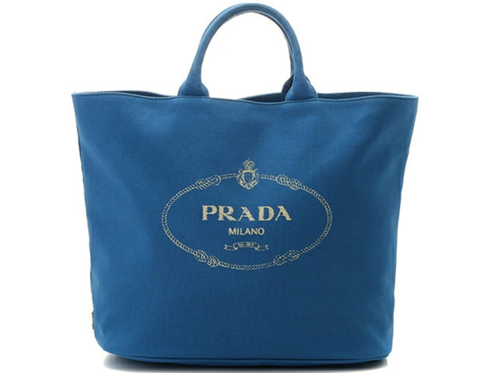 Prada Bag Canapa Tote Shoulder Blue Canvas